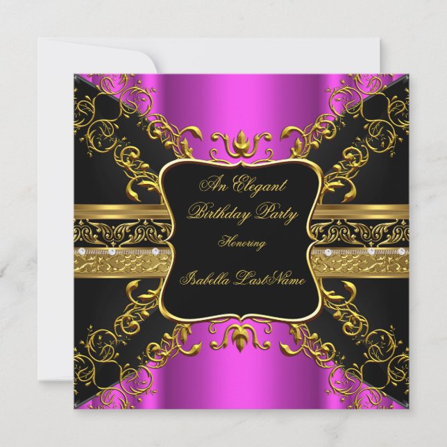 Ornate Hot Pink Black Gold Birthday Party 2 Invitation (Front)