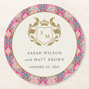 Ornate Hot Pink Gold Classy Floral Laurel Wedding Round Paper Coaster
