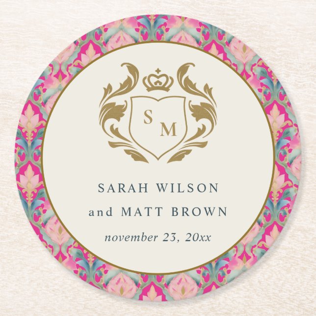 Ornate Hot Pink Gold Classy Floral Laurel Wedding Round Paper Coaster (Front)