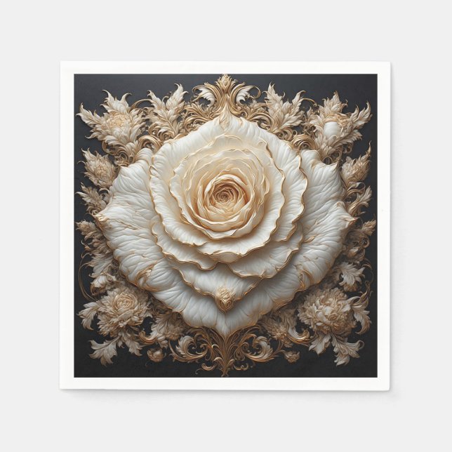 Ornate Ivory Floral Design with White Rose Napkin (Front)