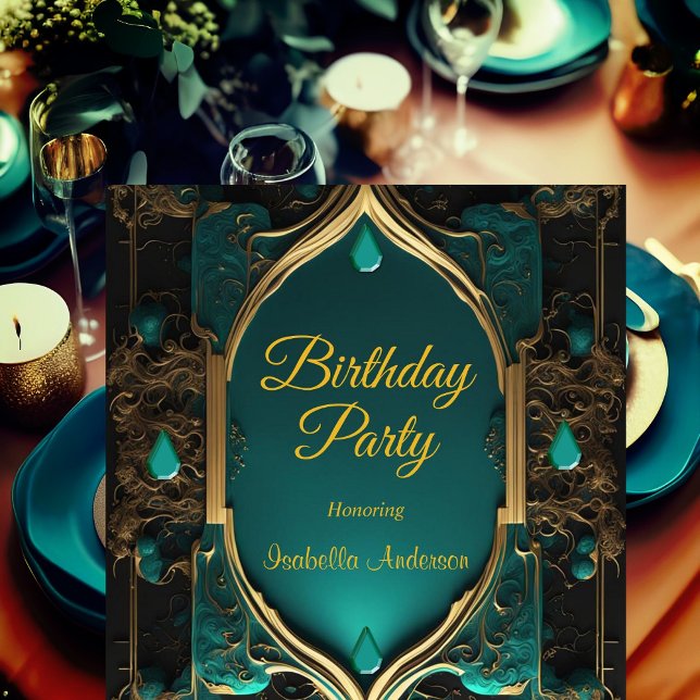 Ornate Jade Emerald gem Gold Birthday Party Invitation (Creator Uploaded)