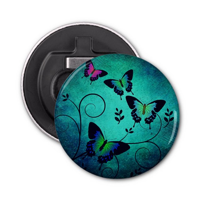Ornate Jewel Butterflies Teal Bottle Opener (Front)