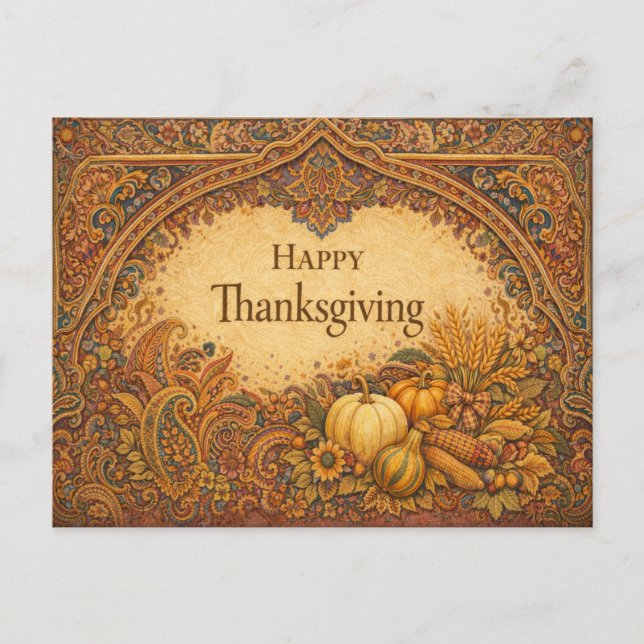 Ornate Jewel Tone Paisley Thanksgiving Harvest Holiday Postcard (Front)