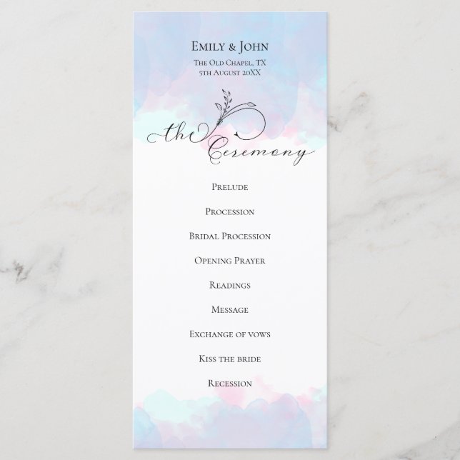 Ornate Leaf Black Script Pastel Watercolor Wedding Program (Front)