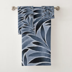 Ornate Leaves In Blue Black Colour Pattern Bath Towel Set