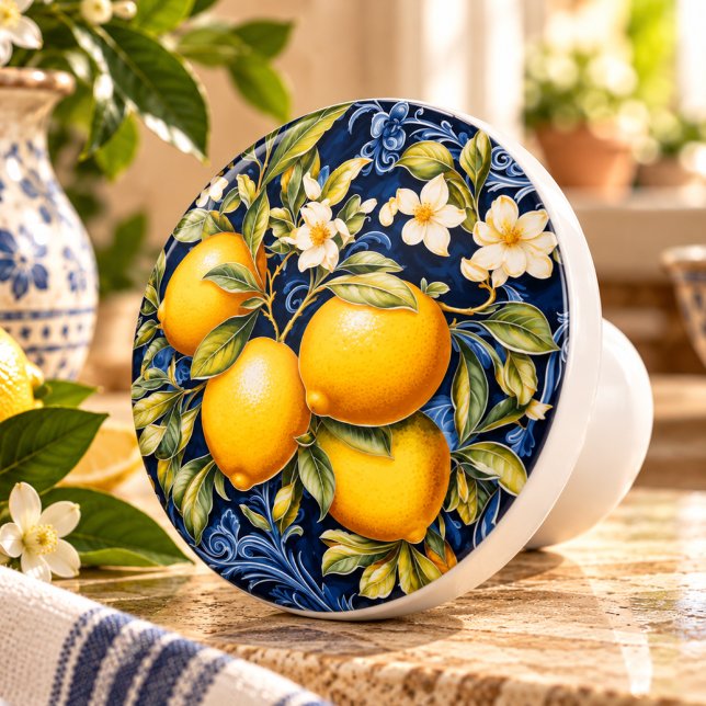 Ornate Lemons - Navy Ceramic Knob (Ornate Lemon Navy Ceramic Cabinet Knob with Vintage Mediterranean Botanical Design)
