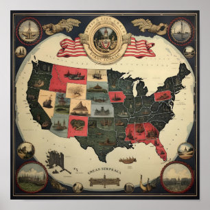 Ornate Map of the U.S.A. Poster