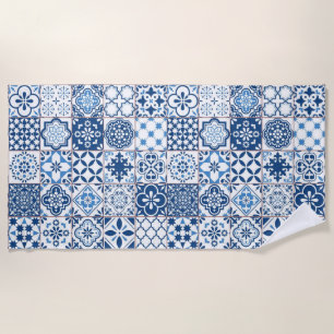 Ornate Mediterranean Indigo Blue Azulejo Mosaic Beach Towel