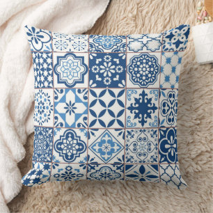 Ornate Mediterranean Indigo Blue Azulejo Mosaic Cushion