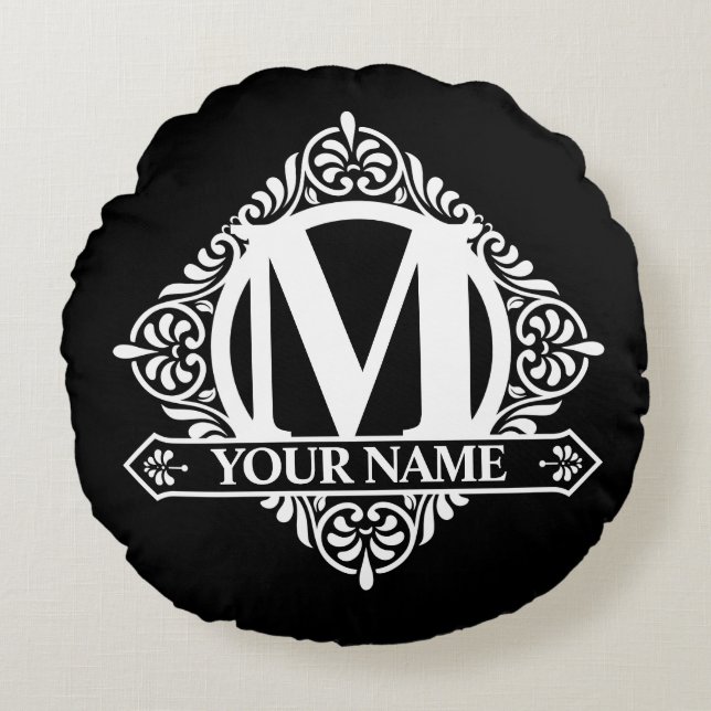 Ornate Monogram Design Round Pillow (Front)