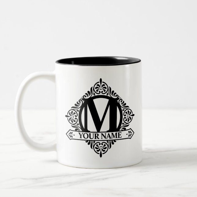 Ornate Monogram Design Two-Tone Coffee Mug (Left)