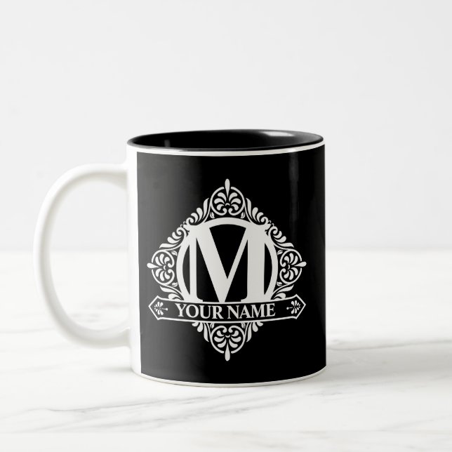 Ornate Monogram Design Two-Tone Coffee Mug (Left)