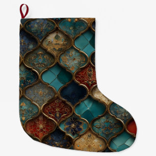 Ornate Moroccan Tiles in Jewel Tones and Gold Large Christmas Stocking