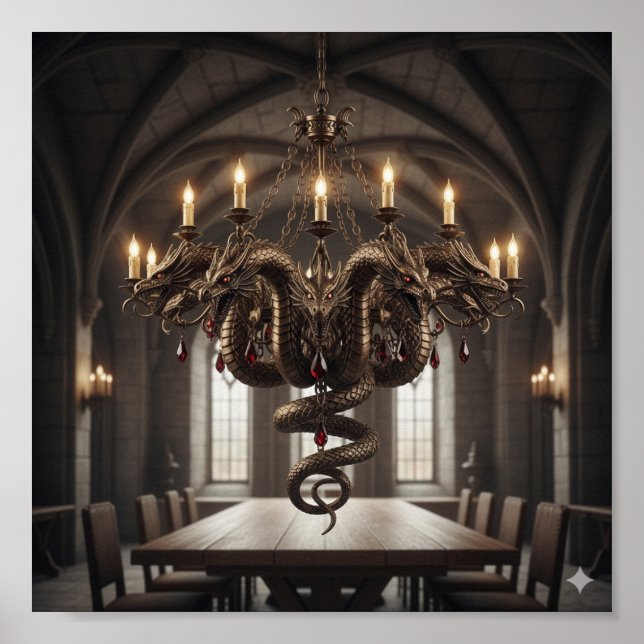 Ornate Multi-Headed Dragon Chandelier - Gothic Fan Poster (Front)