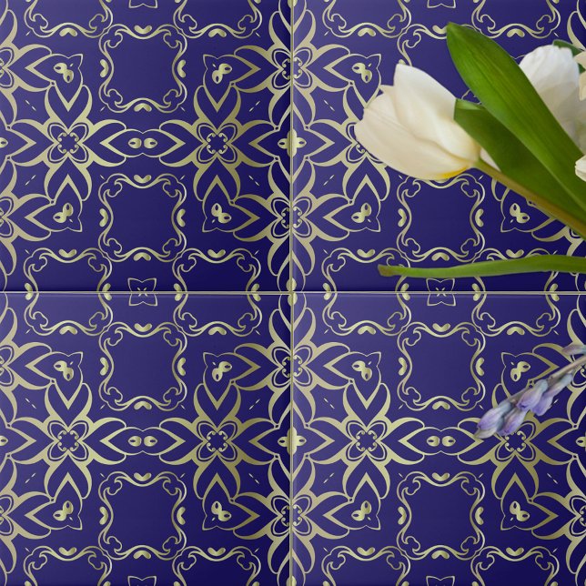 Ornate Navy Blue And Gold Baroque Royal Pattern Ceramic Tile (Creator Uploaded)
