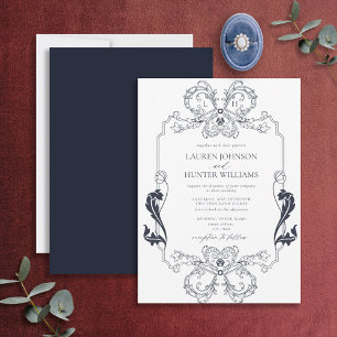 Ornate Navy Blue Floral Line Art Monogram Wedding Invitation