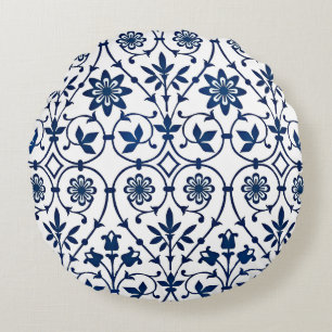 Ornate navy blue on white pattern round cushion