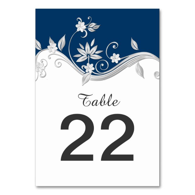 Ornate Navy Blue Silver White Flowers Table Cards (Front)
