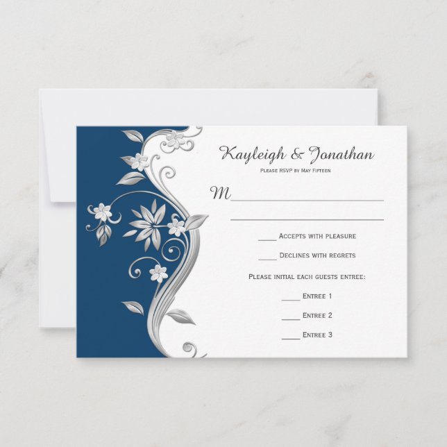 Ornate Navy Blue White Silver Flowers RSVP Card (Front)