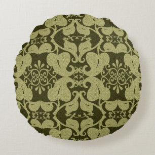 Ornate Olive Green Round Throw Pillow