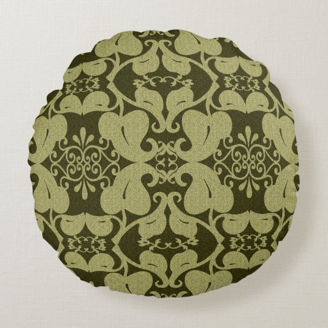 Ornate Olive Green Round  Throw Pillow (Front)