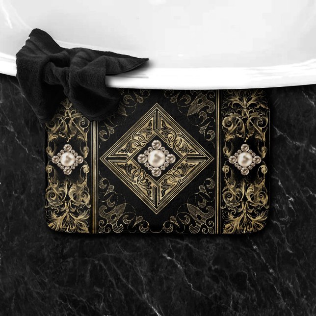 Ornate Opulence | Black and Gold Jewelled Flourish Bath Mat (Creator Uploaded)