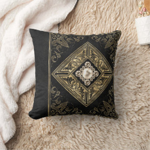 Ornate Opulence Black and Gold Jewelled Flourish Cushion
