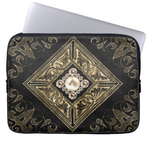 Ornate Opulence Black and Gold Jewelled Flourish Laptop Sleeve