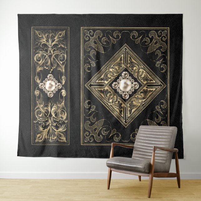 Ornate Opulence | Black and Gold Jewelled Flourish Tapestry (In Situ (Horizontal))