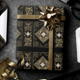 Ornate Opulence   Black and Gold Jewelled Flourish Wrapping Paper