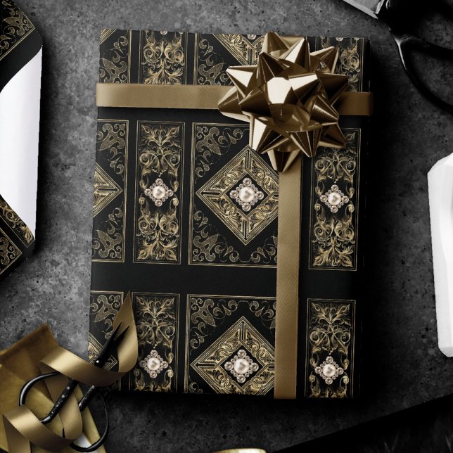 Ornate Opulence | Black and Gold Jewelled Flourish Wrapping Paper (Creator Uploaded)