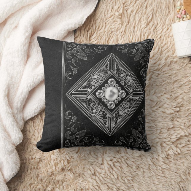 Ornate Opulence | Black and Silver Jewel Flourish Cushion (Blanket)