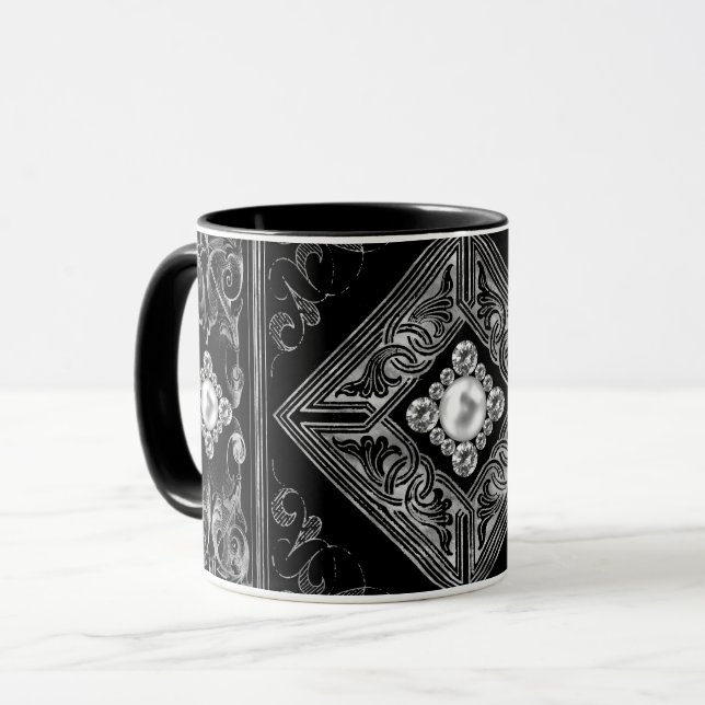 Ornate Opulence | Black and Silver Jewel Flourish Mug (Front Left)
