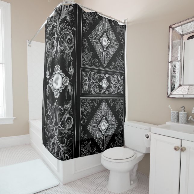 Ornate Opulence | Black and Silver Jewel Flourish Shower Curtain (In Situ)