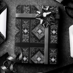 Ornate Opulence Black and Silver Jewel Flourish Wrapping Paper