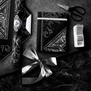 Ornate Opulence   Black and Silver Jewel Flourish Wrapping Paper