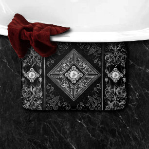 Ornate Opulence   Black and Silver Jewelled Emblem Bath Mat
