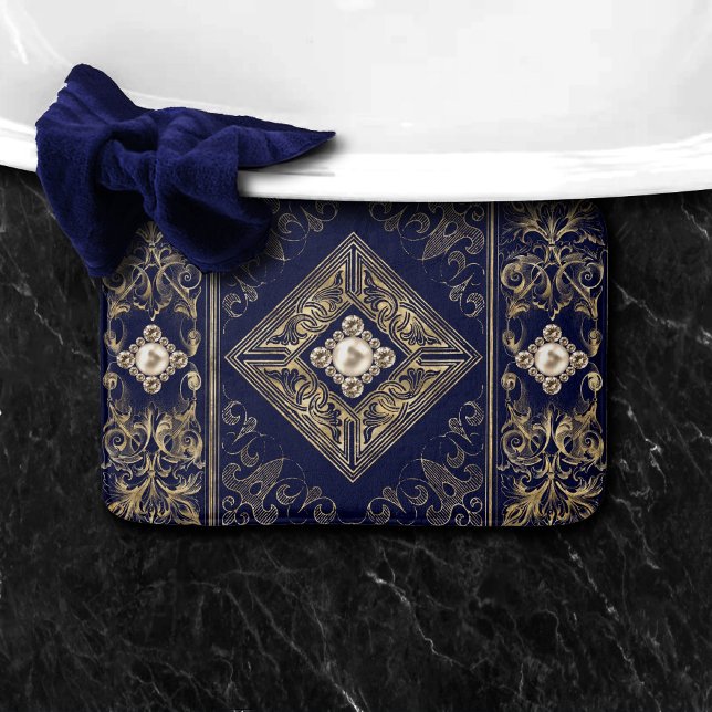 Ornate Opulence | Blue and Gold Jewelled Flourish Bath Mat (Creator Uploaded)