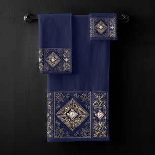 Ornate Opulence Blue and Gold Jewelled Flourish Bath Towel Set