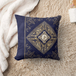 Ornate Opulence Blue and Gold Jewelled Flourish Cushion