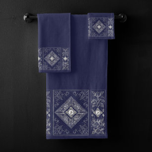 Ornate Opulence Blue and Silver Jewelled Flouris Bath Towel Set