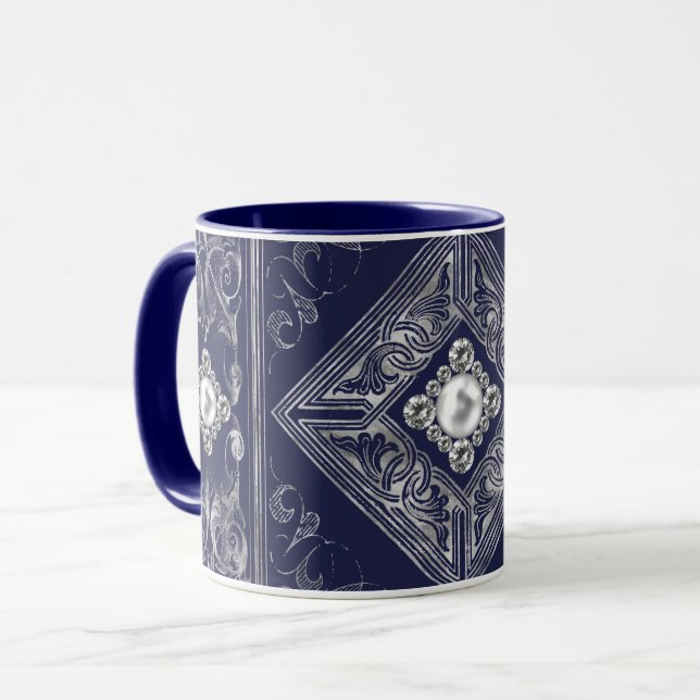 Ornate Opulence | Blue and Silver Jewelled Flouris Mug (Front Left)
