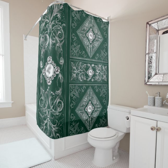 Ornate Opulence | Blue and Silver Jewelled Flouris Shower Curtain (In Situ)