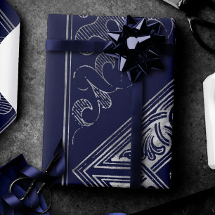 Ornate Opulence Blue and Silver Jewelled Flouris Wrapping Paper