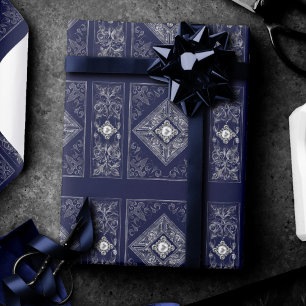 Ornate Opulence Blue and Silver Jewelled Flouris Wrapping Paper