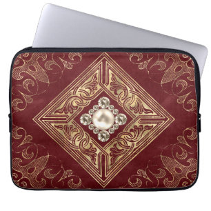 Ornate Opulence   Dark Red and Gold Jewelled Emble Laptop Sleeve