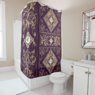Ornate Opulence   Purple and Gold Jewelled Brooch Shower Curtain