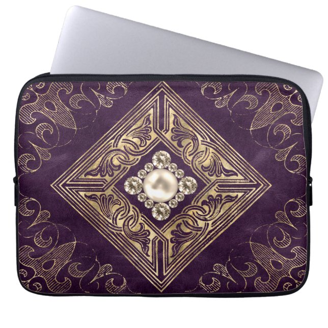 Ornate Opulence | Purple and Gold Jewelled Flouris Laptop Sleeve (Front)