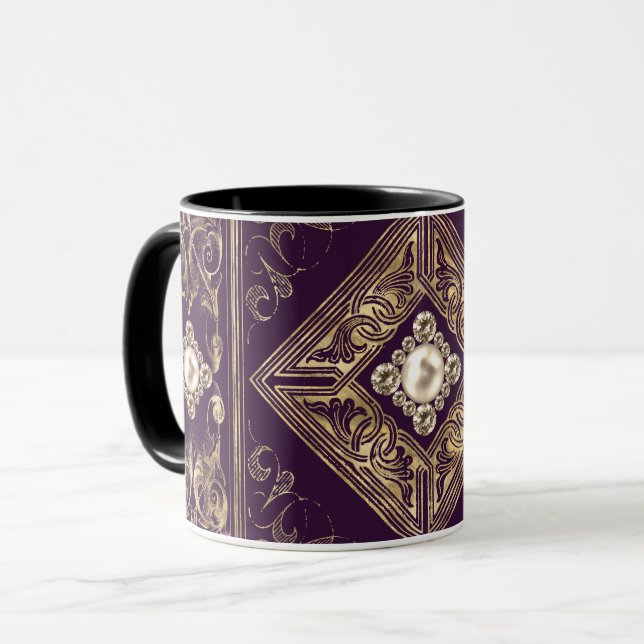 Ornate Opulence | Purple and Gold Jewelled Flouris Mug (Front Left)
