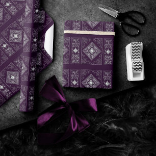 Ornate Opulence Purple and Silver Jewel Flourish Wrapping Paper